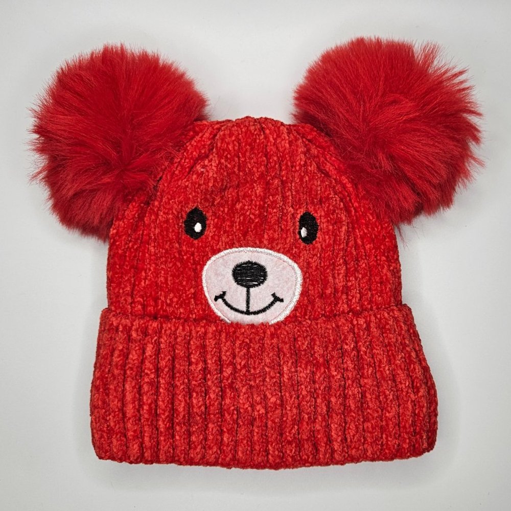 Red Kids Teddy Bear Sherpa Lined Soft Knit Pom Pom Beanie Winter Hat Gift*